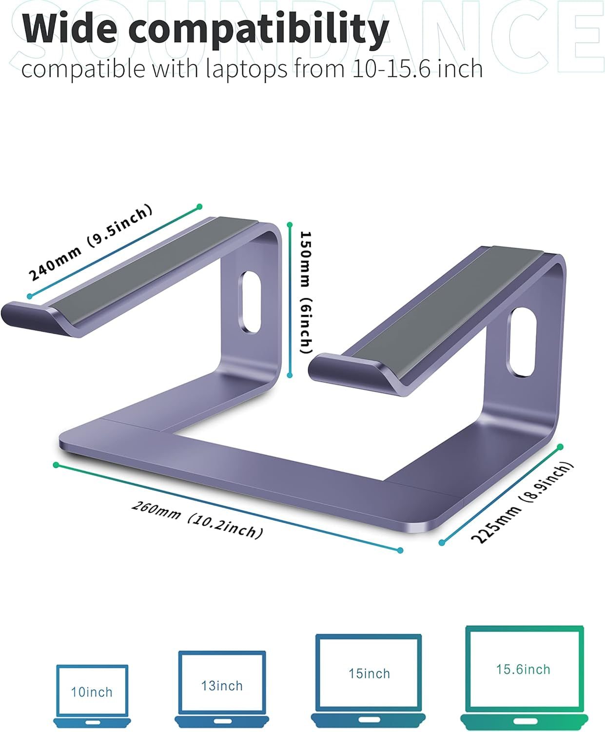 Laptop Stand, Aluminum Computer Riser, Ergonomic Laptops Elevator for Desk, Metal Holder Compatible with 10 to 15.6 Inches Notebook Computer, Purple