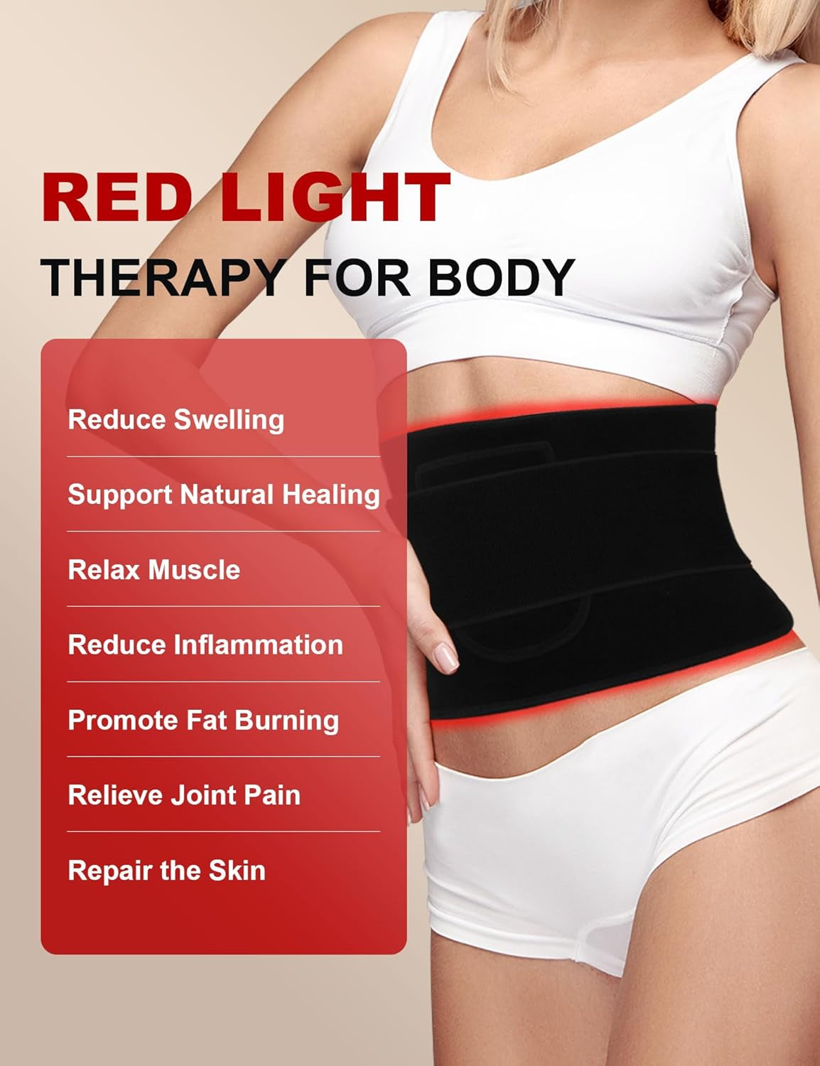 120 Red Light Therapy Belt with 5 Vibration Levels, Pulsed Infrared Light for Muscle Pain Relief and Healing, Ideal for Waist, Back, and Body.