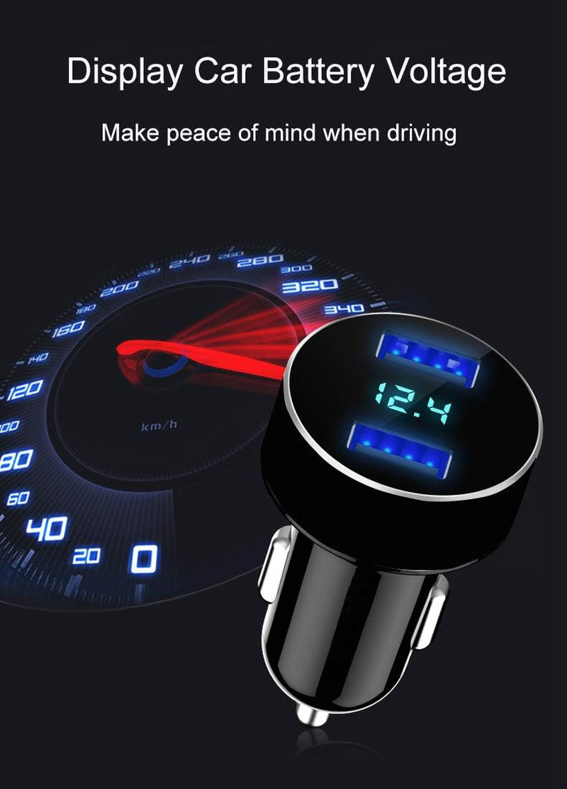 Dual USB Car Charger, 4.8A Output, 12/24 Volt USB Adapter Plug for Cigarette Lighter Voltage Meter, Compatible with Iphone,Ipad, Samsung Galaxy, LG, Google, Black