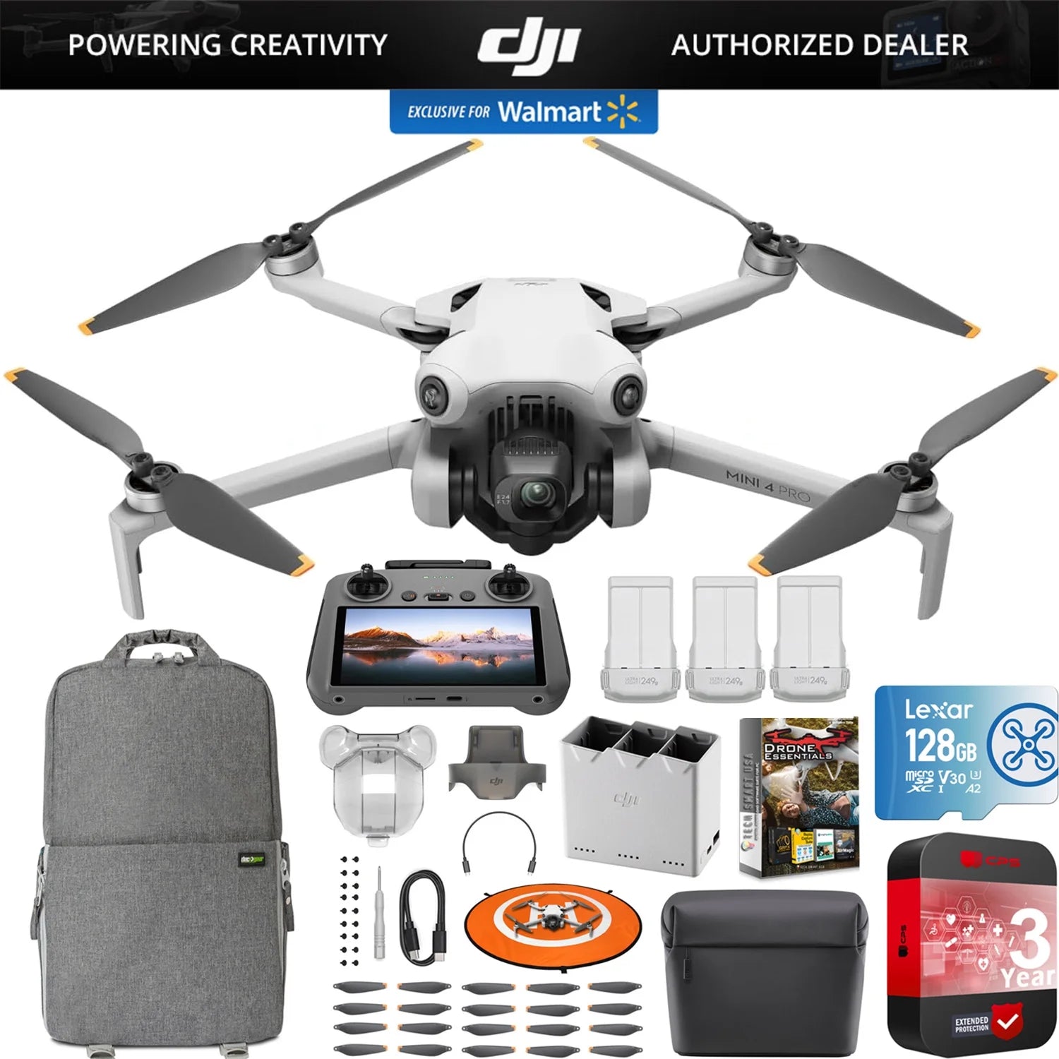 Mini 4 Pro Folding Drone with RC 2 Remote (With Screen) Fly More Combo Plus, 4K HDR, under 249G, Omnidirectional Sensing, 3 plus Batteries Bundle with 3 Year CPS Extended Warranty & Accessories